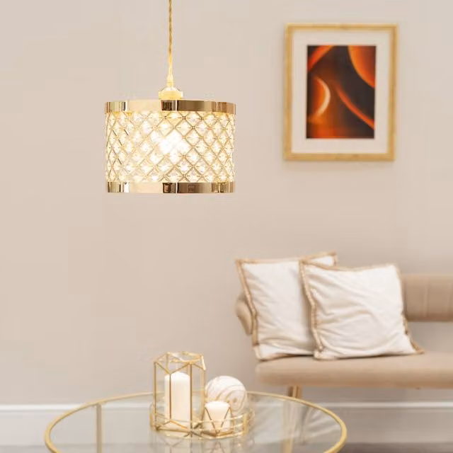ValueLights Hadley Jewel Drum Ceiling Light Shade and LED Bulb in Gold/Brass