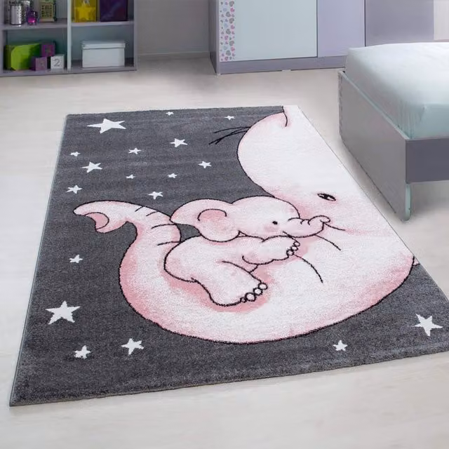 Bravich LTD Baby Elephant and Stars Kids Rug in Pink, W: 120 cm, L: 170 cm