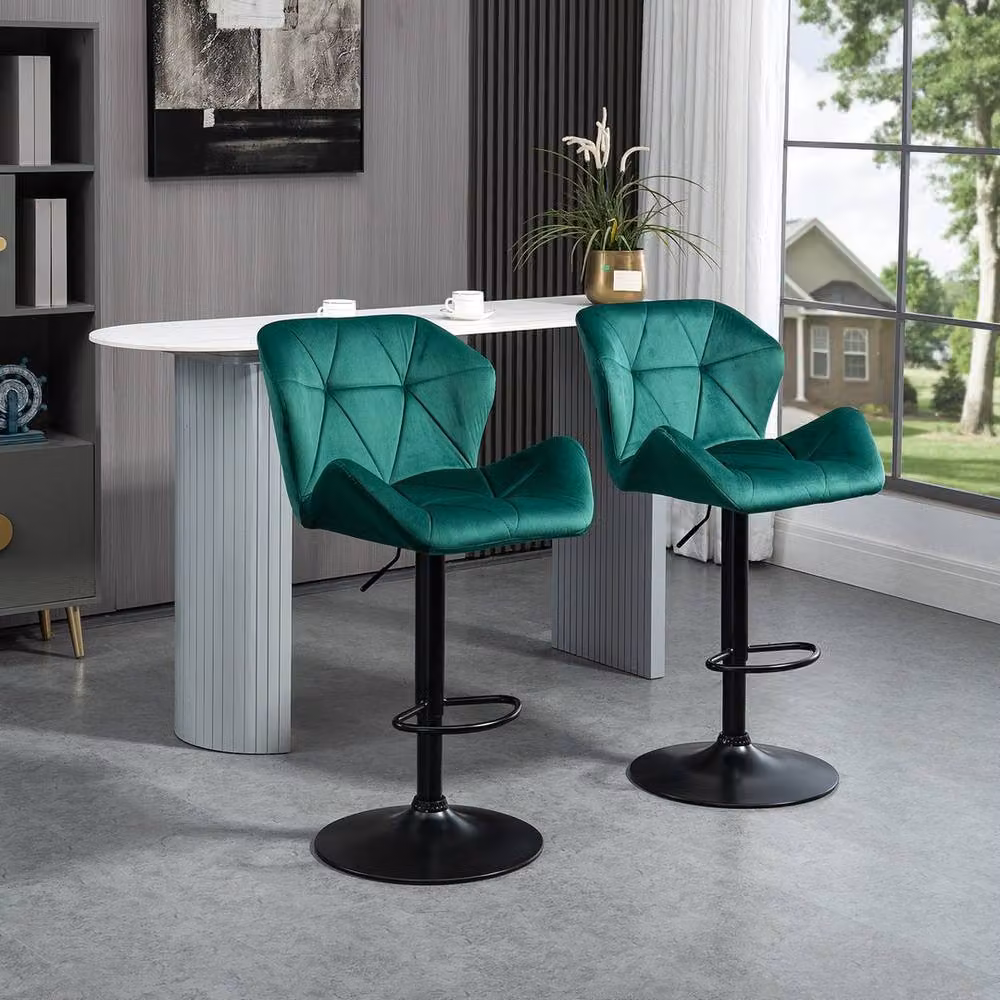 KORVIXA Set of 2 Green Velvet-Touch Bar Stools with Metal Frames – 3