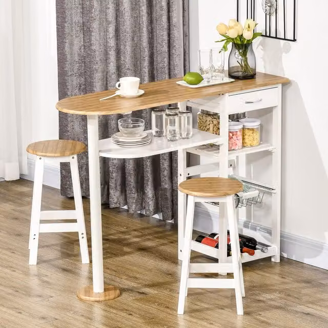 HOMCOM 3 Piece Modern Bar Table and Chairs Set with Storage Shelf in White