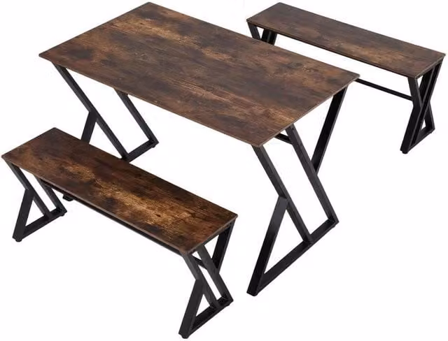 KORVIXA Industrial Square Dining Table and 2 Benches Set with Z-Shaped Metal Base, Brown