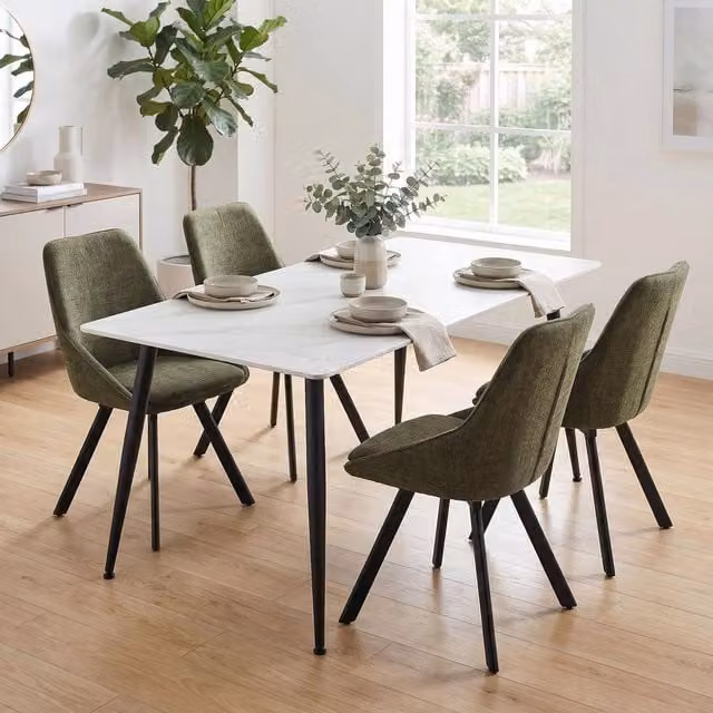 FWStyle Monaco 5 Piece Dining Set with White Sintered Stone Table and Green Chenille Chairs – 1