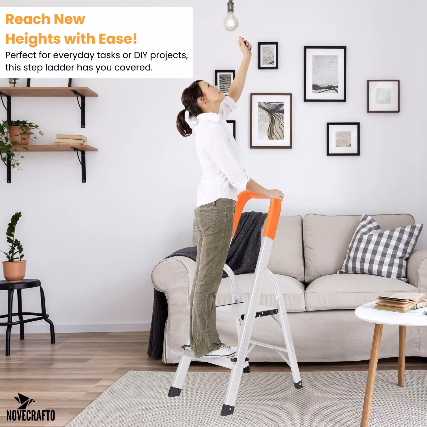 Novecrafto 2-Step Aluminium Foldable Step Ladder with Safety Handrail in Silver and Orange, Height: 88 cm – 3