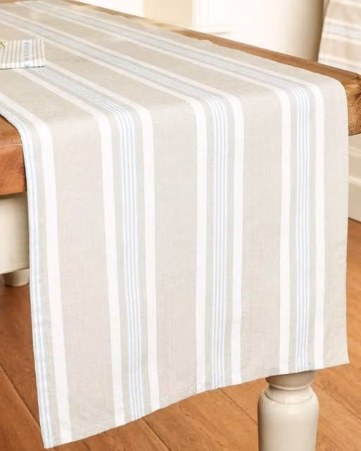Dibor Blue, Beige and White Striped Cotton Dining Table Runner, Length: 140 cm