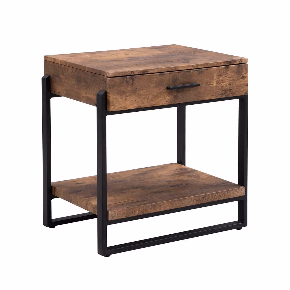 Mona Vale Furniture Rustic Industrial Nightstand with Drawer and Open Shelf in Brown – 3