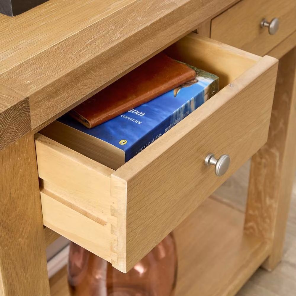 Home Source Melbourne 2 Storage Drawers Hallway Console Table with Solid Oak Top in Light Oak, W/D/H: 85 x 34 x 70 cm – 2