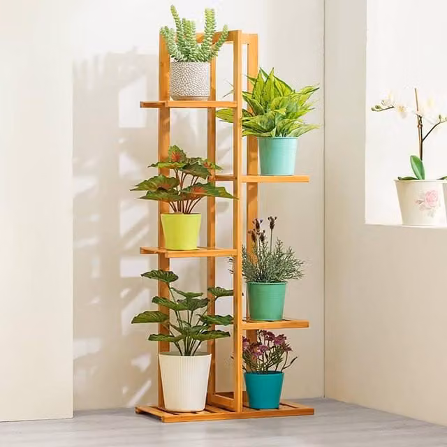 Livingandhome Rustic Brown Bamboo Ladder Planter for Indoor and Garden Plants