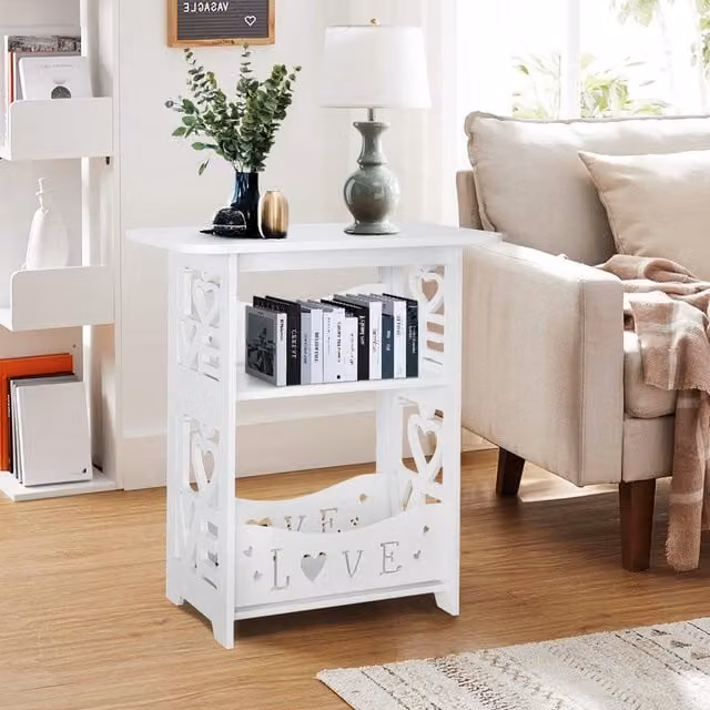 Livingandhome 2-Tier Modern White Plastic Side Table for Bedroom and Living Room