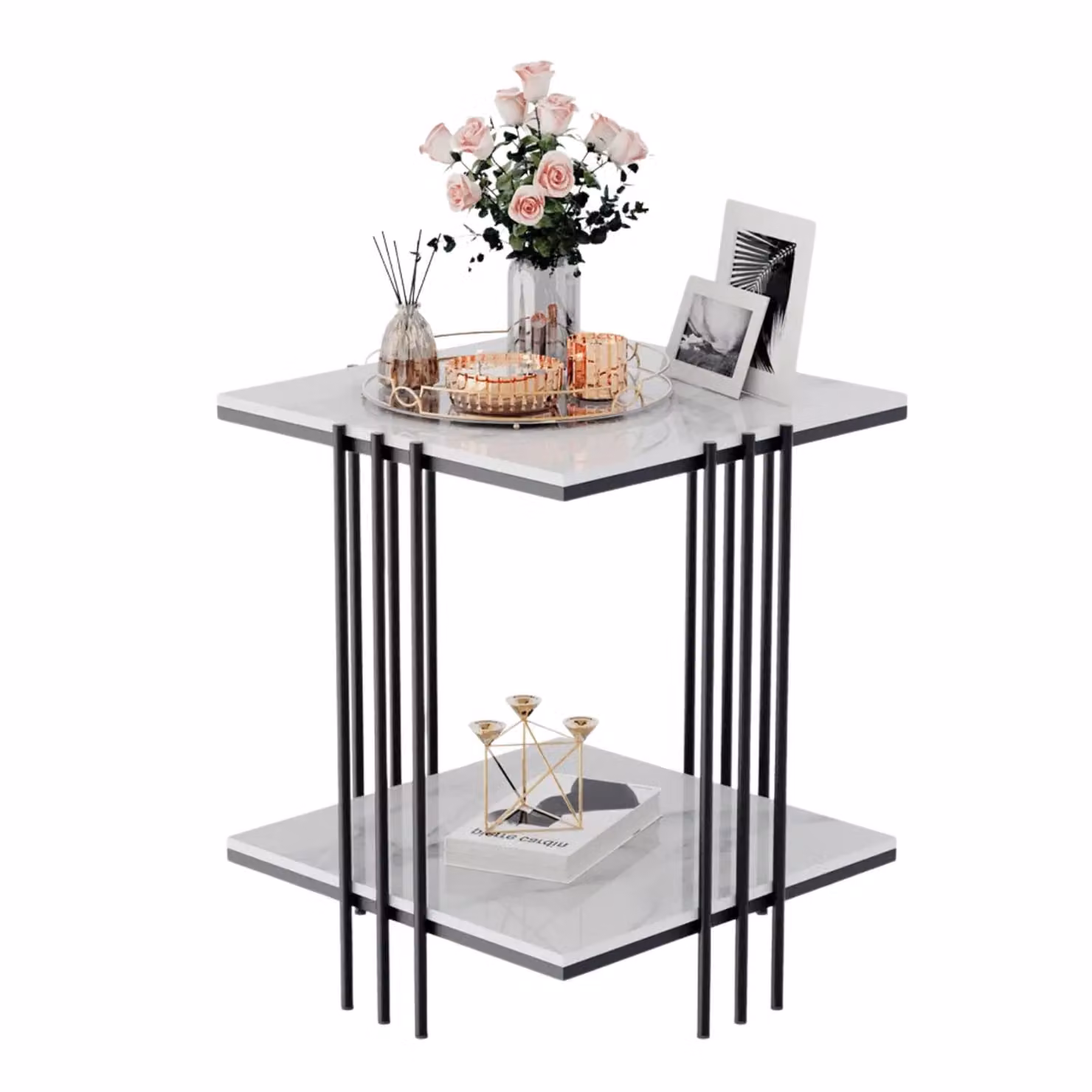 Pirlo Plush 2 Tier Square Faux Marble Side Table in Black and White with Gold Accents – 2