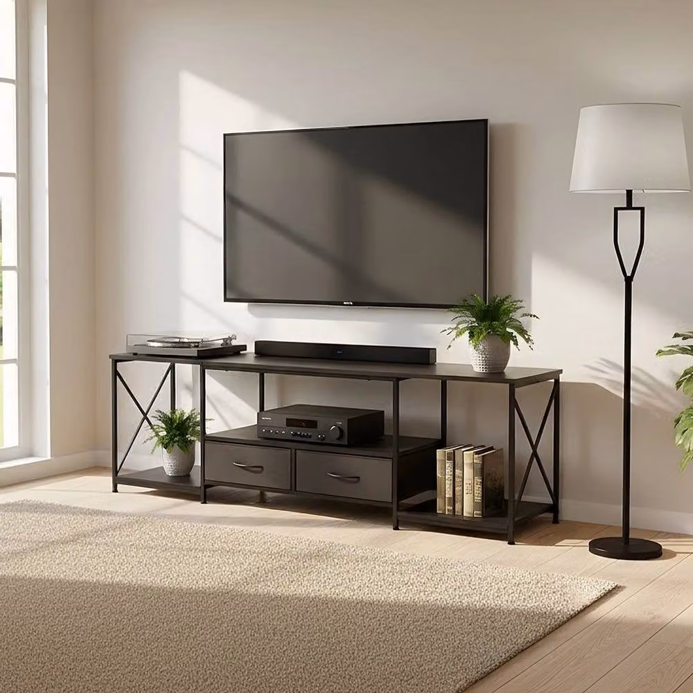 FORGEVIO Black TV Stand Cabinet with 2 Drawers, W/D/H: 160 x 40 x 53 cm – 1