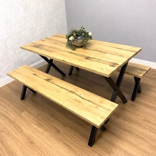 KOSY KOALA Modern Rectangular Dining Table and 2 Benches Set in Brown and Grey with X-Frame Metal Legs