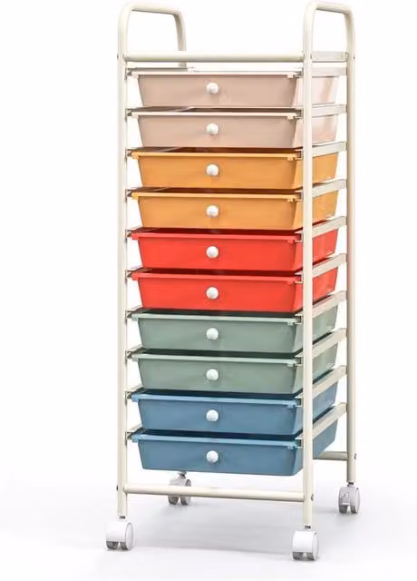 Kelvenix 10-Drawer Mobile Storage Trolley with Castors, Silver and Multicolour Metal Home Office Organiser
