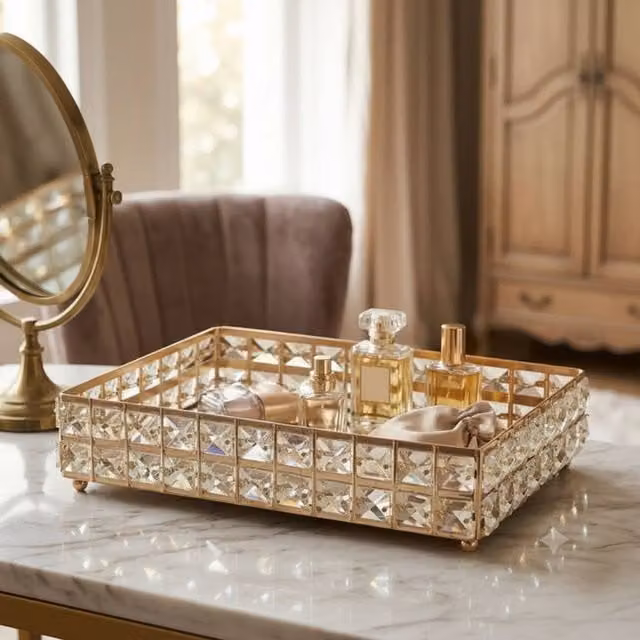 Dynasty Home UK Golden Crystal Rectangular Decorative Vanity Tray, Gold – 1