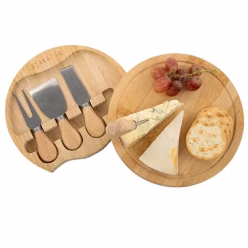 Dyanatic Round Bamboo Charcuterie and Cheese Board Set with Hidden Knife Compartment in Brown – 1