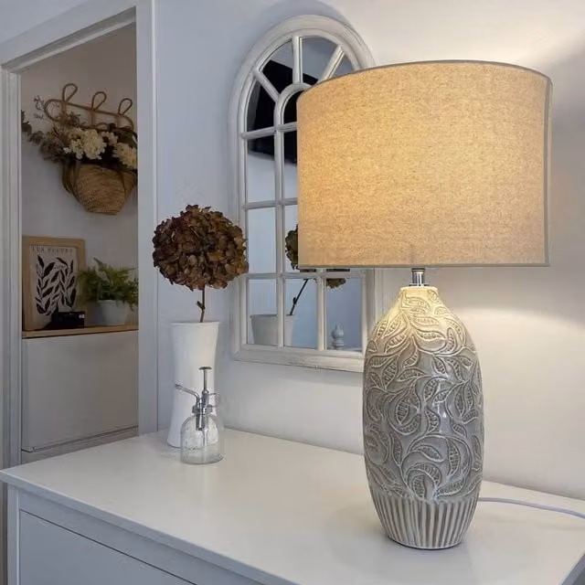 Wyld and Coco Beige Ceramic Bedside Lamp with Fabric Drum Shade, Height: 57 cm – 1