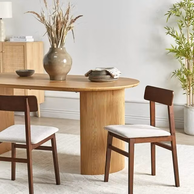 Wyld and Coco Set of 2 Armless Dining Chairs in Brown Rubberwood with Taupe Fabric – 1