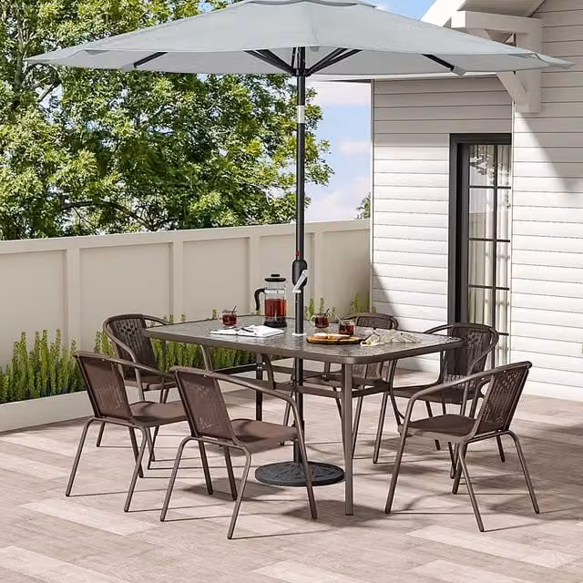 Livingandhome Brown Outdoor Bistro Set with Rectangular Glass Top Table and 7 Stacking Chairs