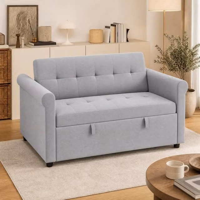 STILVORA Two-Seater Velvet Sofa Bed in Grey with Adjustable Headrest, W/D/H: 141 x 78 x 140 cm – 1