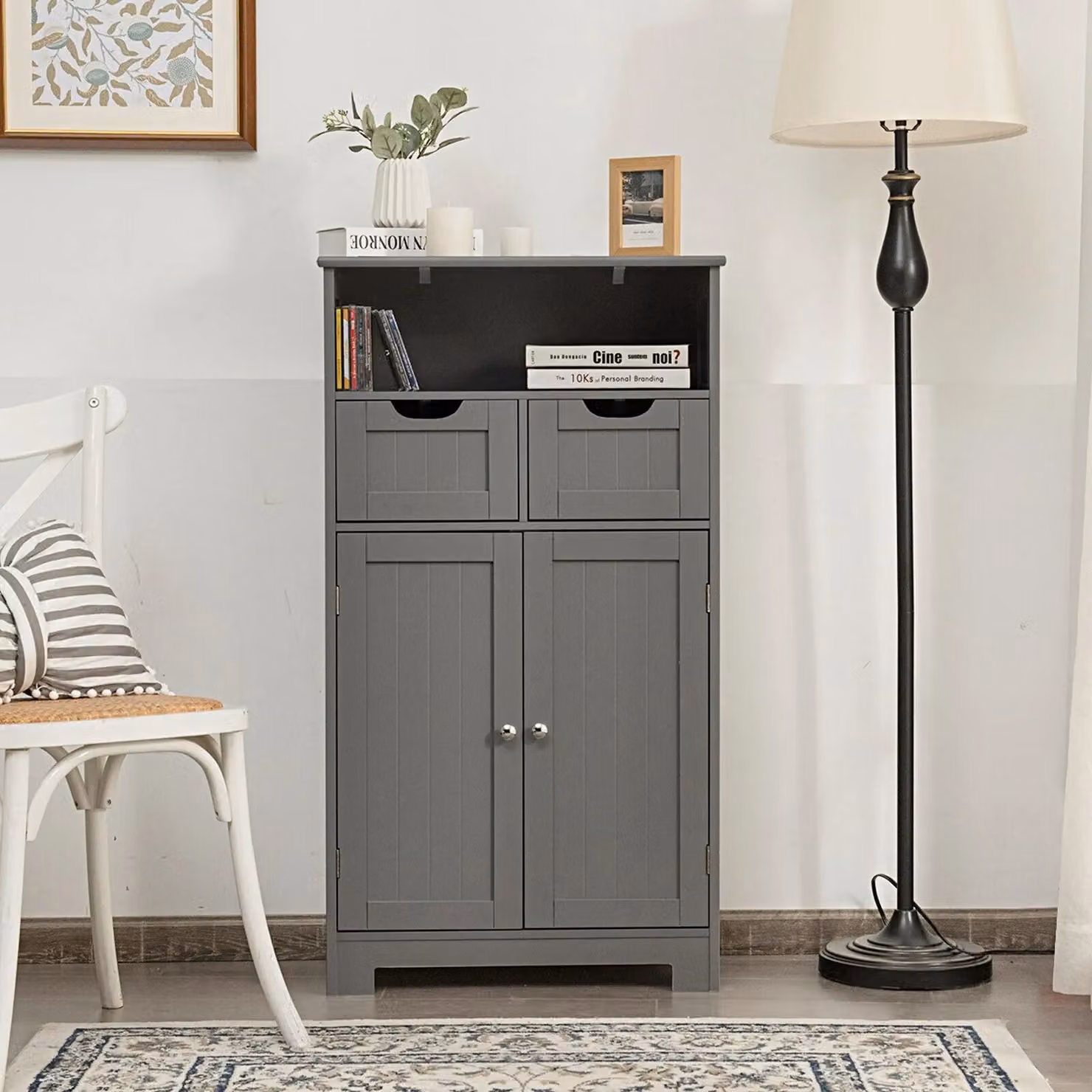 Costway Grey Wooden Bathroom Floor Cabinet with Adjustable Internal Shelves and Hinged Doors – 6
