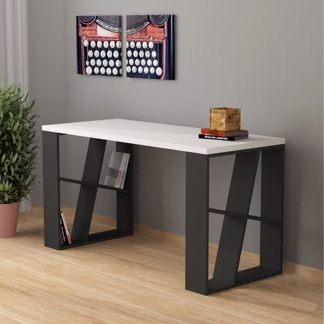 Decortie Modern Writing Desk with Bookshelf Legs in Anthracite Grey