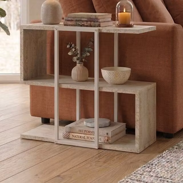 Decortie Homia Small Side Table with Metal Frame and Open Shelf in Beige Travertine