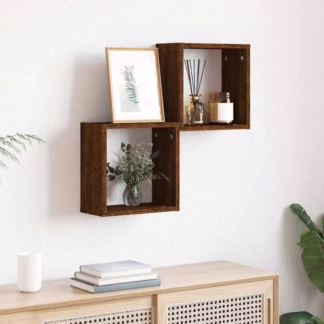 Berkfield Home Wall Mounted Cube Shelves, 2 Pack, Brown Oak, W/D/H: 30 x 15 x 30 cm – 1