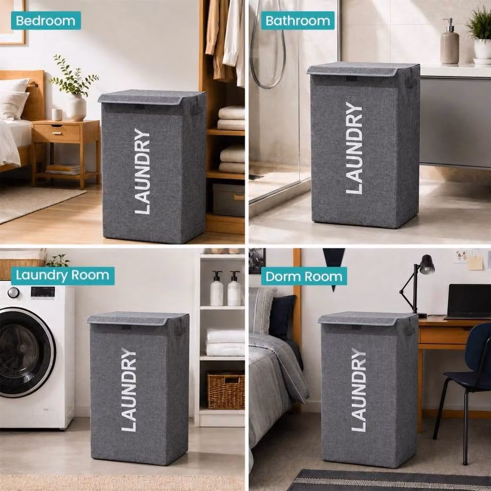FORGEVIO Grey Collapsible Fabric Laundry Basket with Lid, W/D/H: 57 x 33 x 53 cm – 5