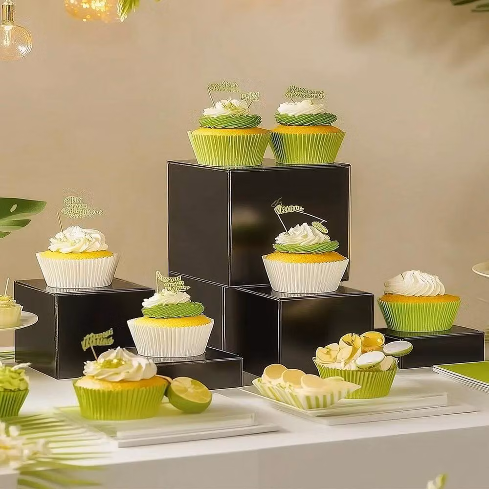 FLAVORA 12 Piece Black Acrylic Square Cube Risers for Cupcake and Dessert Display – 3