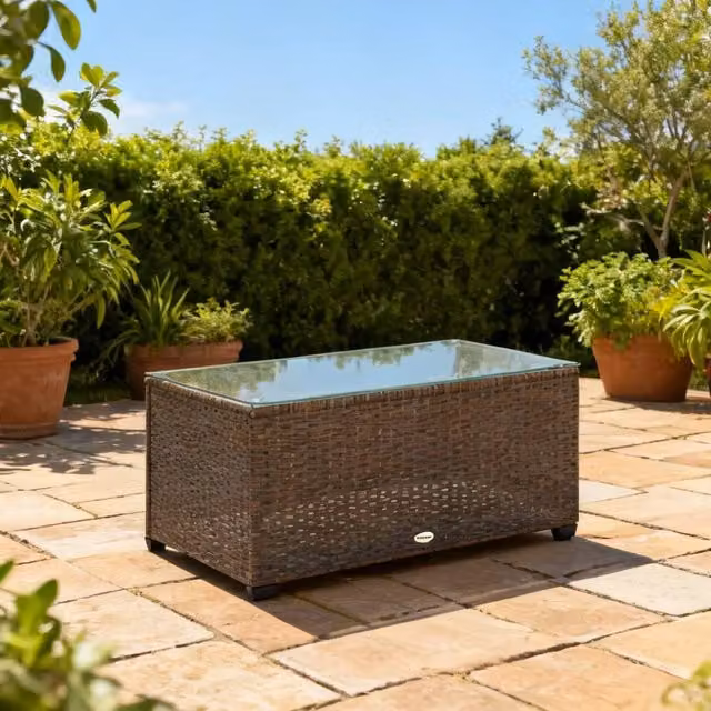 ERGOVEXA Brown Polyrattan Side Table with Glass Top for Garden and Terrace, W: 90 cm, D: 50 cm