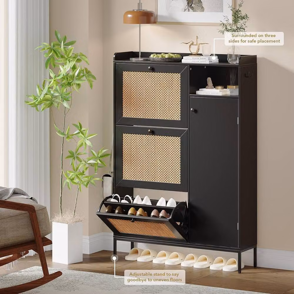 London Boutique Modern Black Shoe Cabinet with 3 Tilting Compartments and Open Shelf for Hallway or Bedroom Storage – 5
