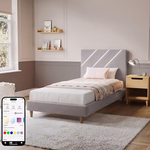 X-Rocker Lily Single Bed Frame in Grey Velvet with Under-Bed LED Lighting, W/D/H: 90 x 190 x 30 cm