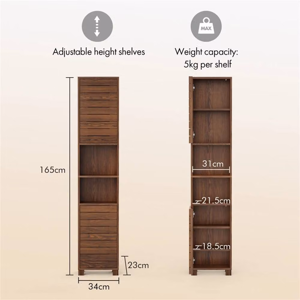 EONLION Tall Brown Wood Bathroom Storage Cabinet with Hinged Doors and Internal Shelves, H 165 x W 34 x D 23 cm – 2
