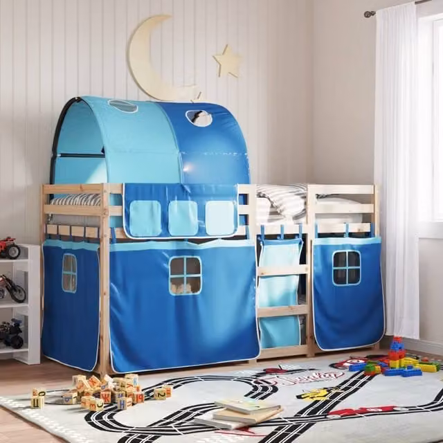 Berkfield Home Blue Solid Wood Pine House Frame Bunk Bed for Children W/D/H: 90 x 200 cm