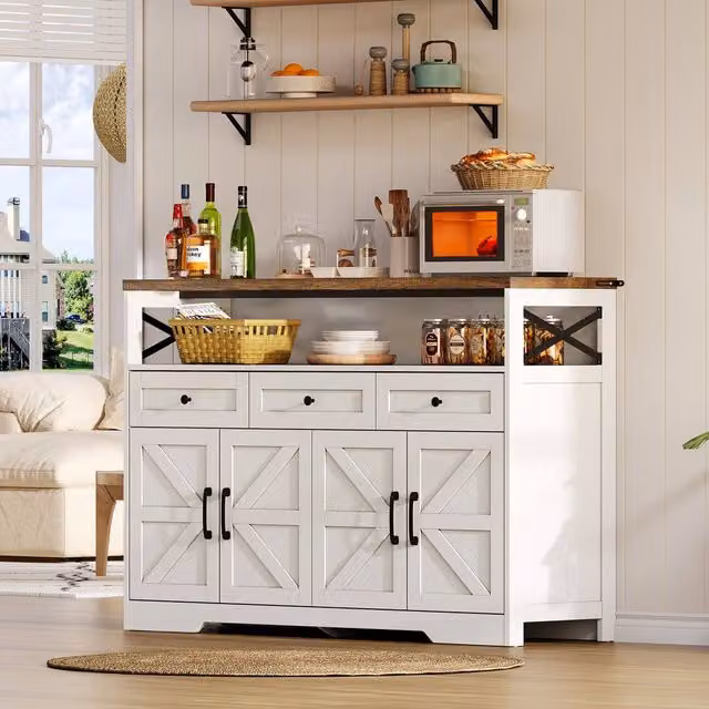 Merax White and Brown Rustic Farmhouse Sideboard and Bar Cabinet with 3 Drawers and Shelves