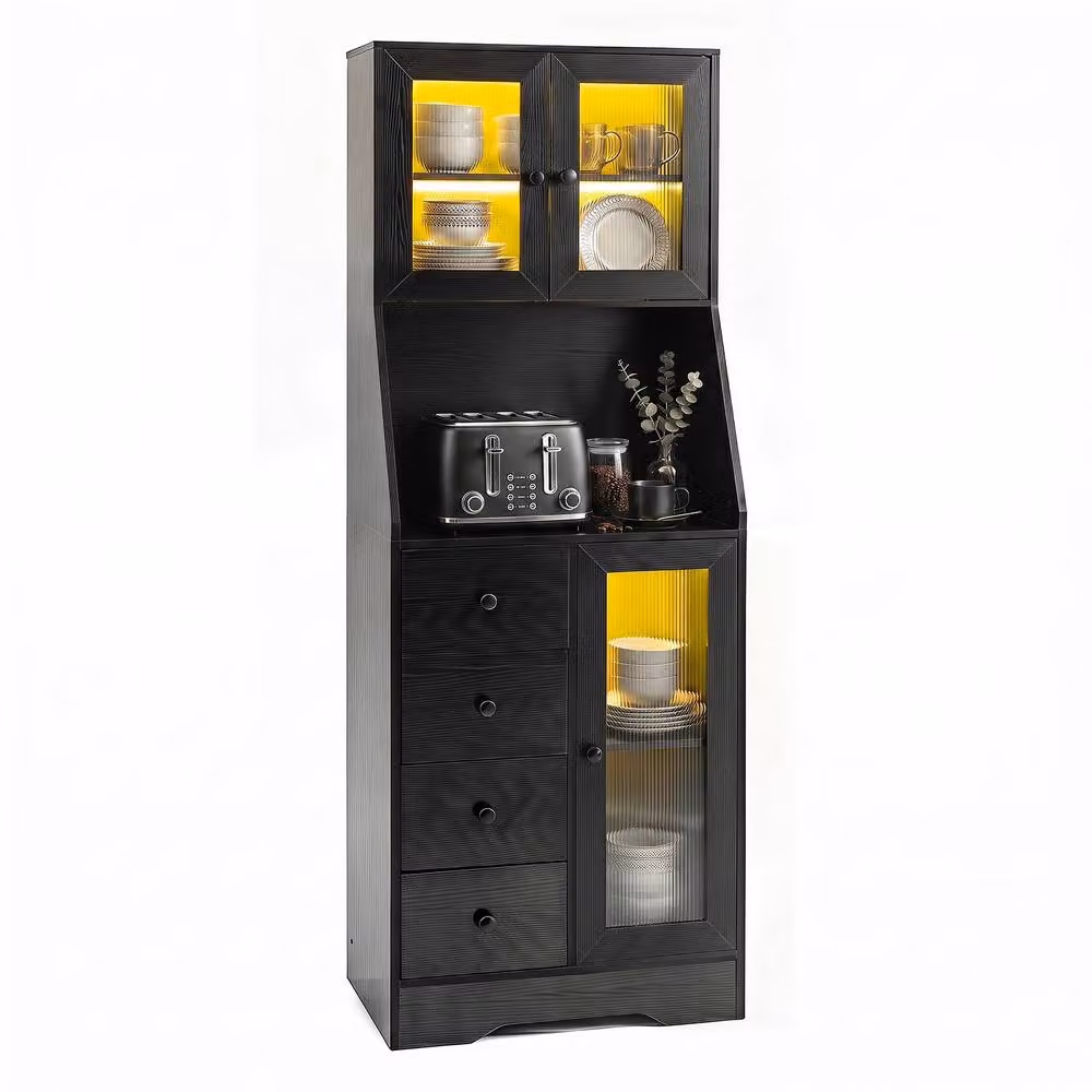 Gymax Black Freestanding Kitchen Pantry and Coffee Bar Cabinet with Integrated LED Lights – 5