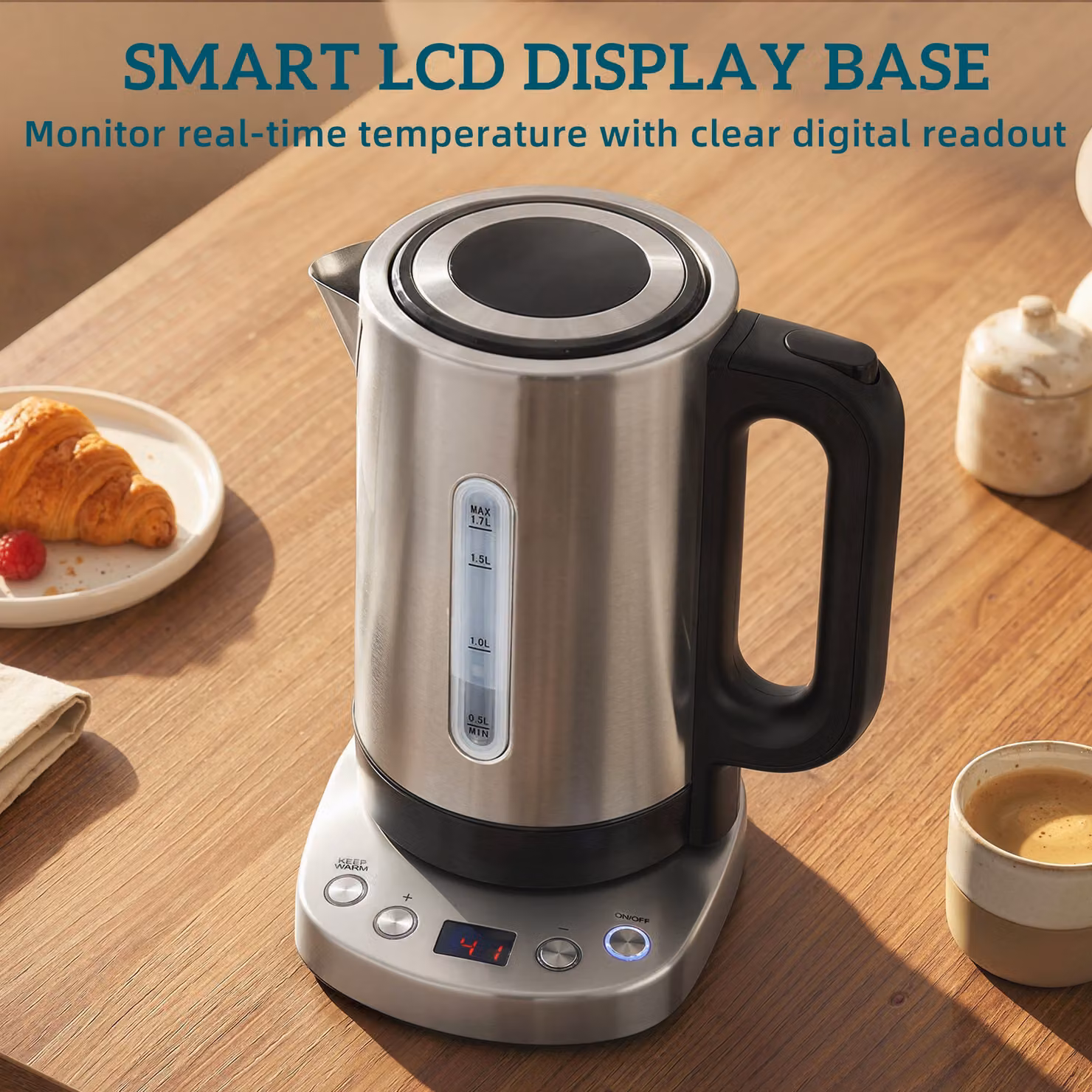 HOMCOM Electric Kettle, 1.7 l, Silver Tone, with Keep Warm Function and Limescale Filter – 7