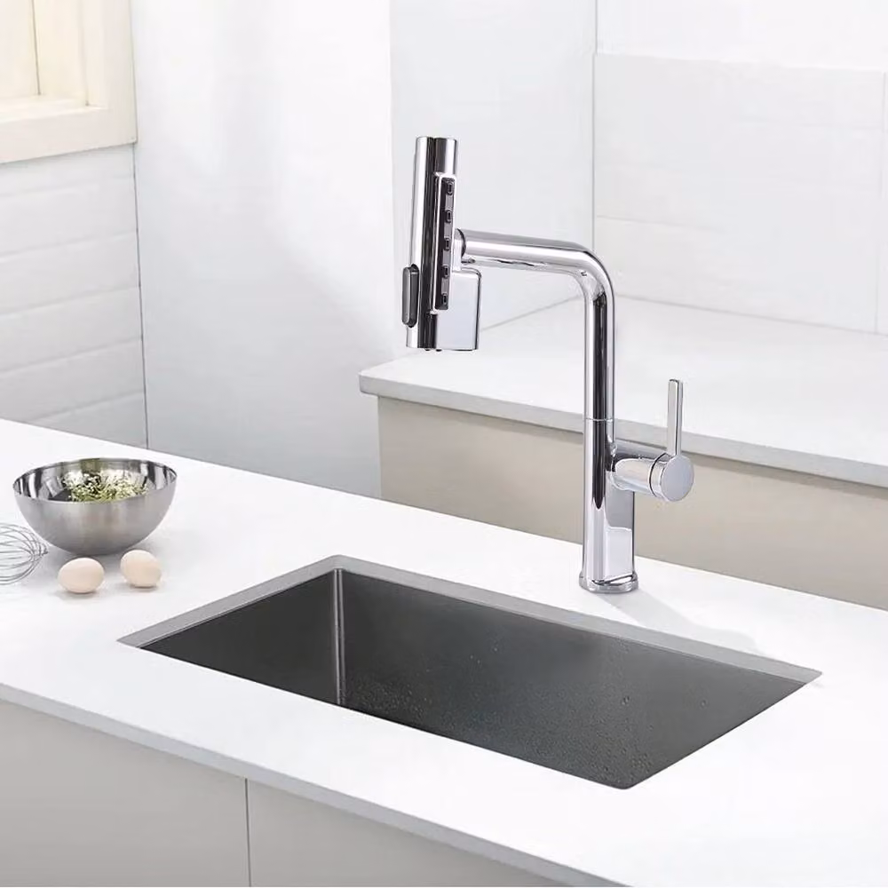 KORVIXA Modern Mono Single Lever Pull Out Kitchen Mixer Tap in Silver Chrome – 3