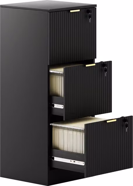 HOMCOM Black and Gold Fluted Vertical Filing Cabinet with 3 Lockable Drawers and Hanging Rails