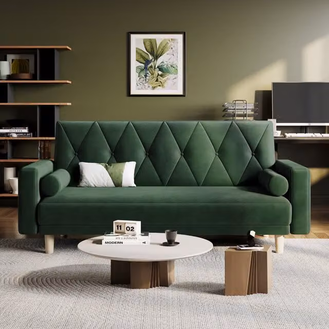 Yaheetech 3 Seater Velvet Click Clack Sofa Bed in Green with 2 Pillows