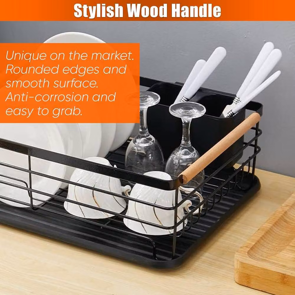 ATEK 1 Tier Black Steel Kitchen Dish Drainer Rack with Wooden Handle, Cutlery Holder and Drip Tray – 8