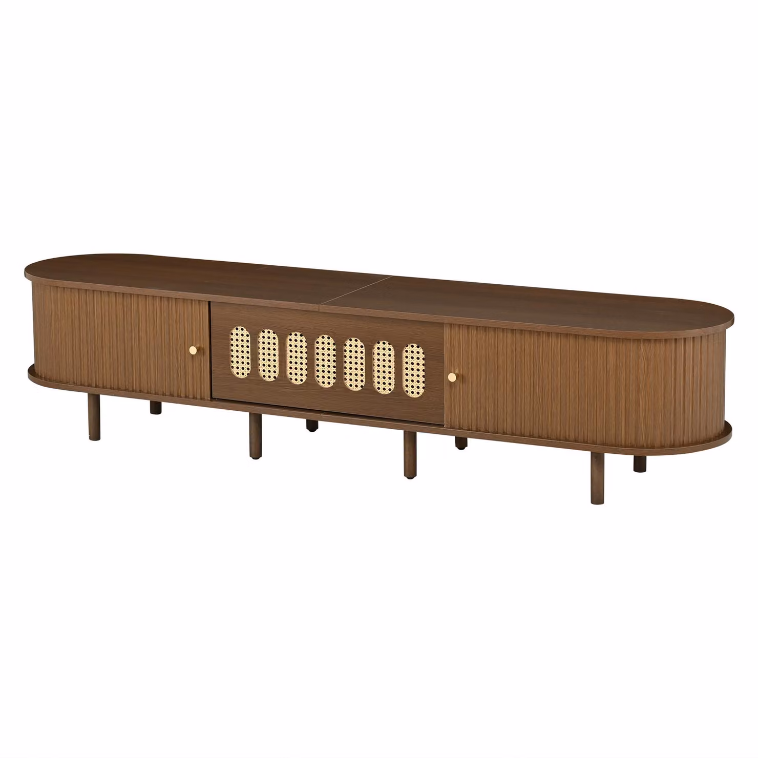 Aosom UK Oval TV Unit with Rattan-Effect Hinged Door and 5 Enclosed Compartments, Walnut Brown, W: 180 cm, D: 40 cm, H: 40 cm – 2
