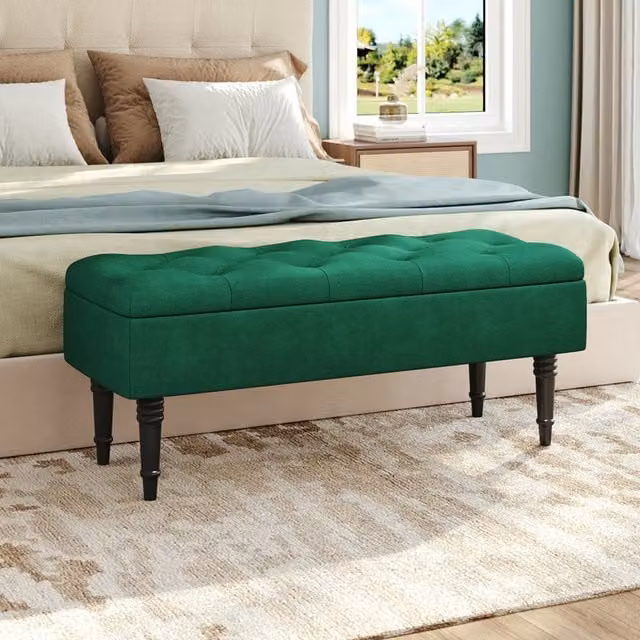 Lifeideas Upholstered Buttoned Velvet Storage Bench in Dark Green