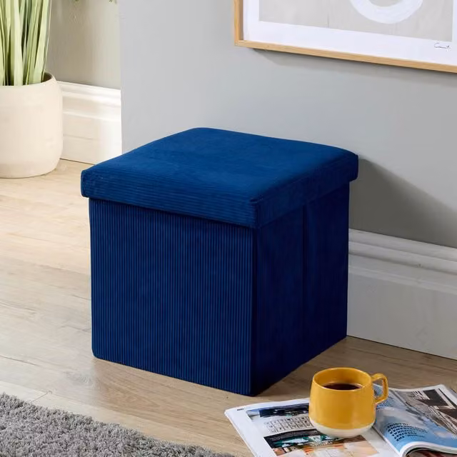 Home Source Corduroy Fabric Folding Ottoman Storage Cube in Blue, W/D/H: 38 x 38 x 38 cm – 1