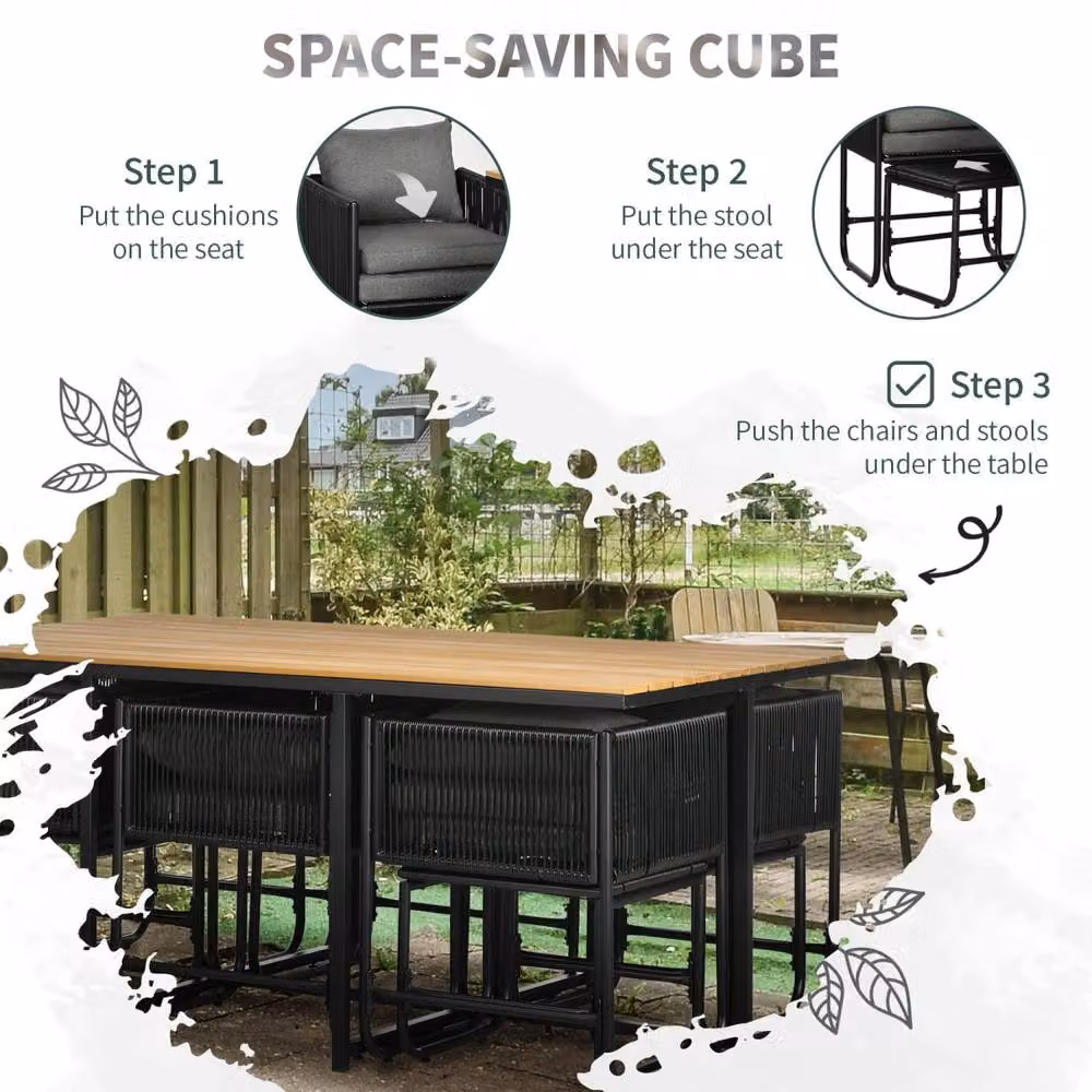 Wyld Haus Latata 10 Seater Black Rattan Style Cube Garden Dining Set with Natural Stools – 5