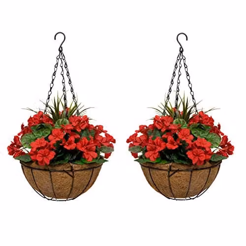 GreenBrokers Set of 2 Artificial Round Hanging Baskets with Red Geraniums and Coco Coir