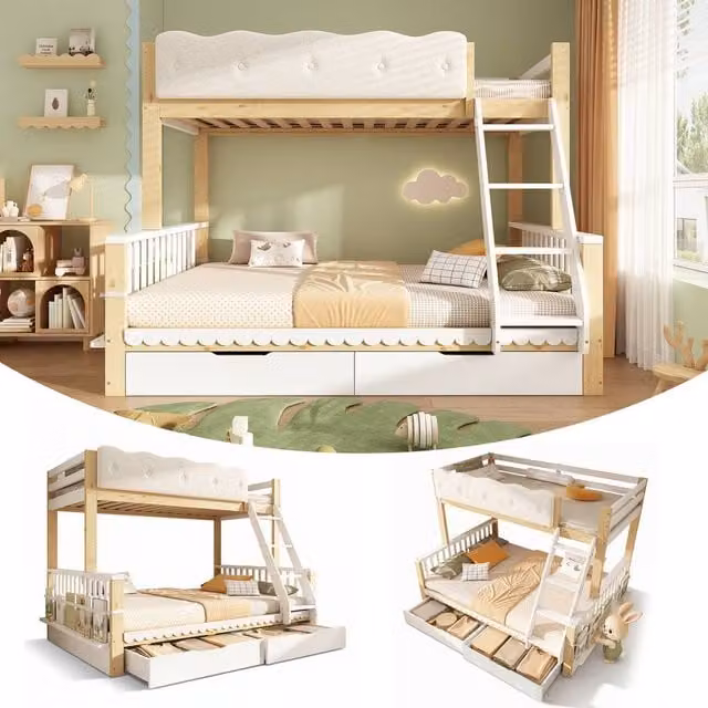 Rolipo Kids Single Over Double Bunk Bed with Storage Drawers in White Solid Pine Wood – 1