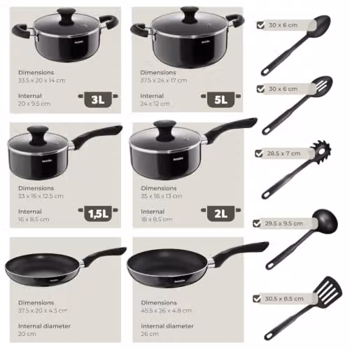 tectake 15-Piece Aluminium Cooking Pot and Pan Set with Non-Stick Coating and Glass Lids in Black – 5