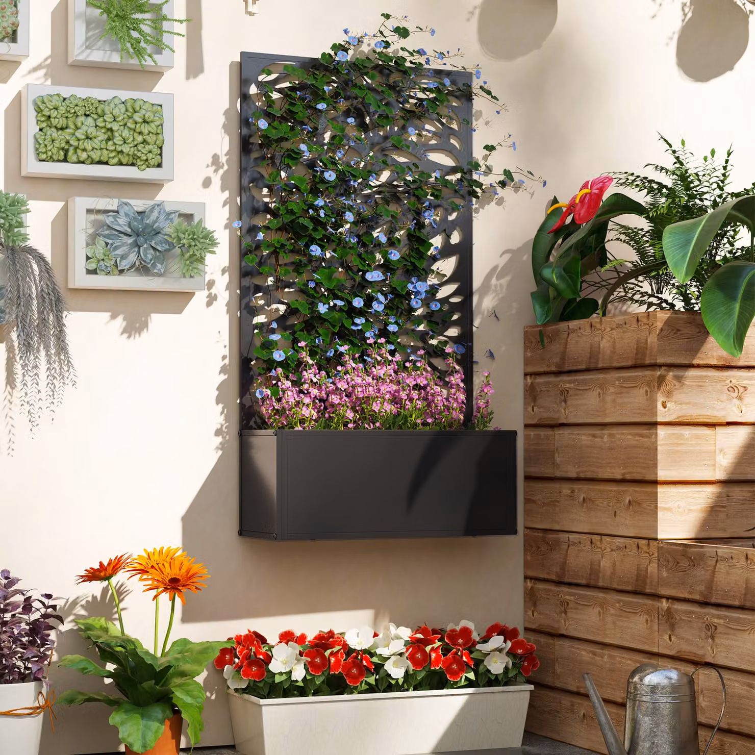 Outsunny Metal Outdoor Planter with Back Trellis in Black – 7