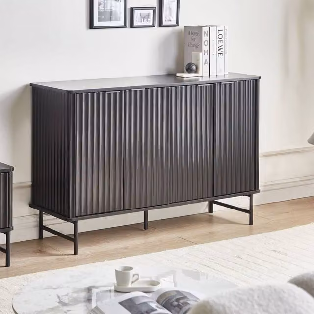 Wyld Haus Modern Black Glossy Wood 4 Door Sideboard with Striped Front, W: 120 cm, D: 40 cm – 1