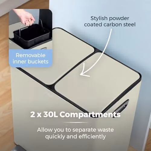Tower 60L Stainless Steel Pedal Recycling Bin with Removable Inner Buckets in Beige and Black – 3